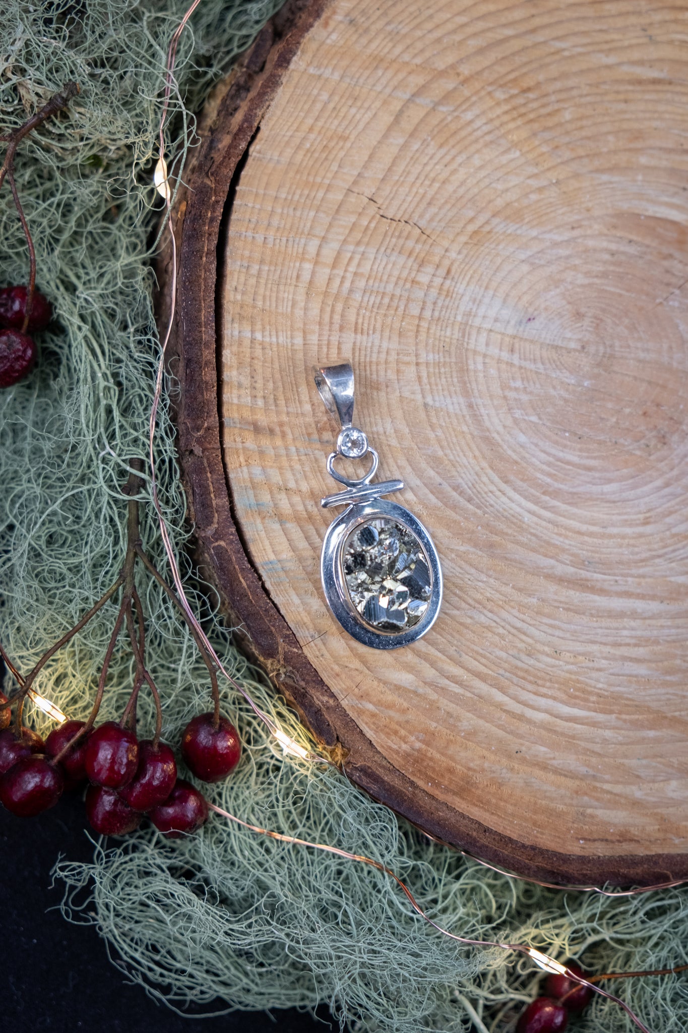 High Grade Pyrite and Amegreen Pendant Sterling Silver Crystal Jewellery, Rare Gemstone for Protection and Heart Healing