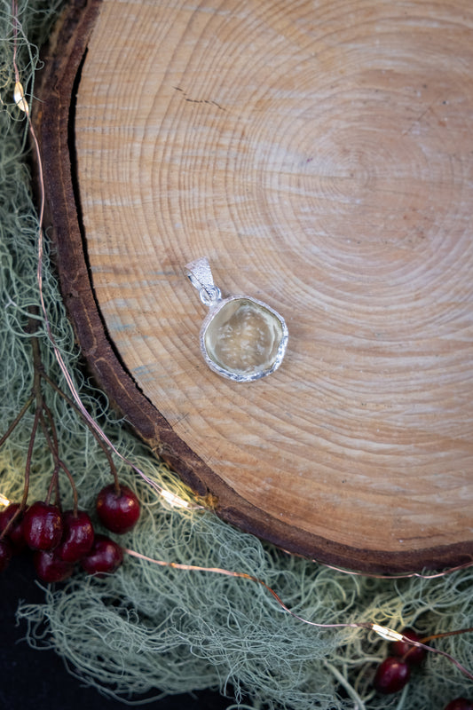 Libyan Desert Glass Pendant, Hammered Sterling Silver, Crystal Tektite Gem, High Vibration Stone, Rare Jewellery