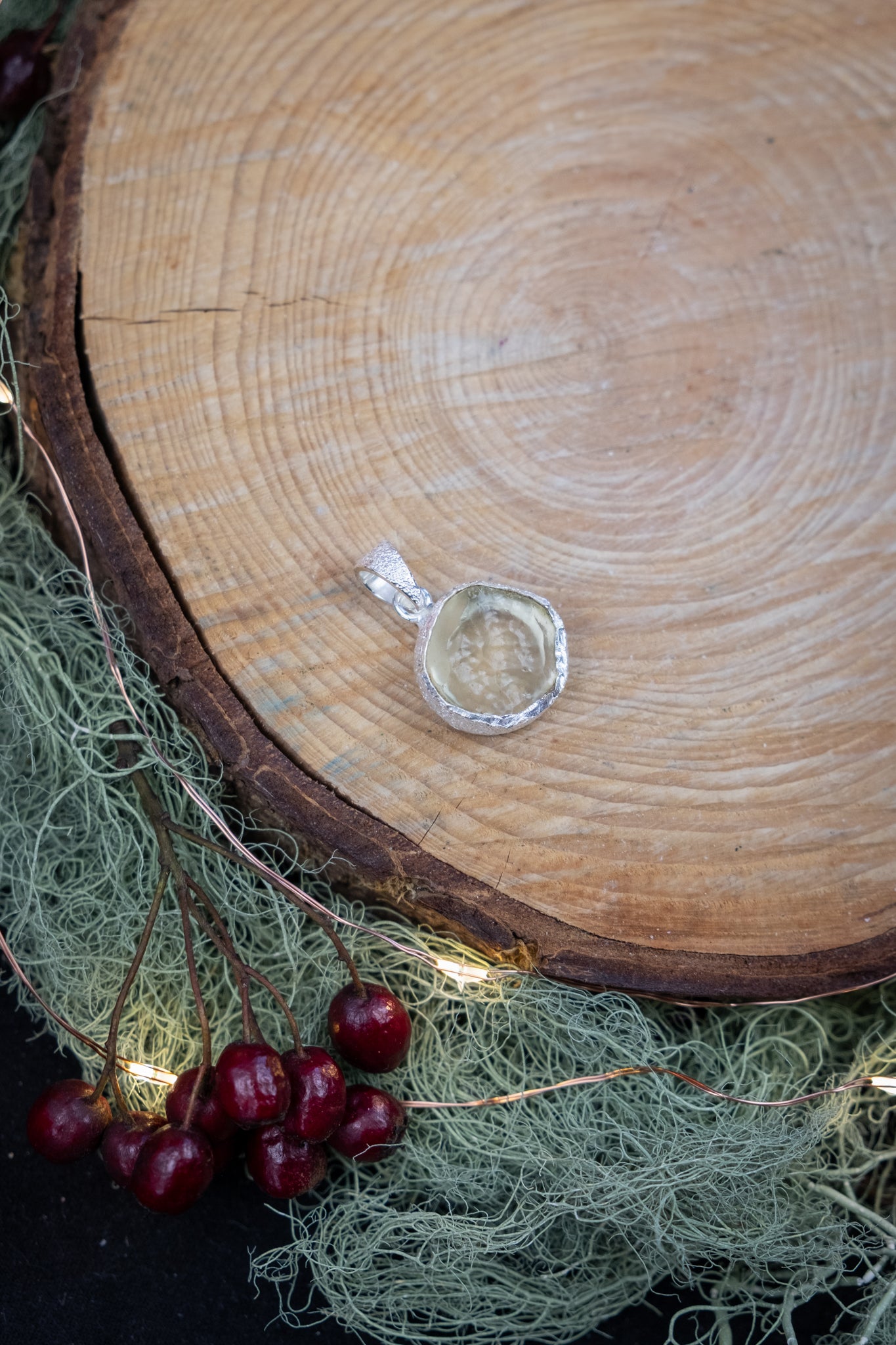 Libyan Desert Glass Pendant, Hammered Sterling Silver, Crystal Tektite Gem, High Vibration Stone, Rare Jewellery