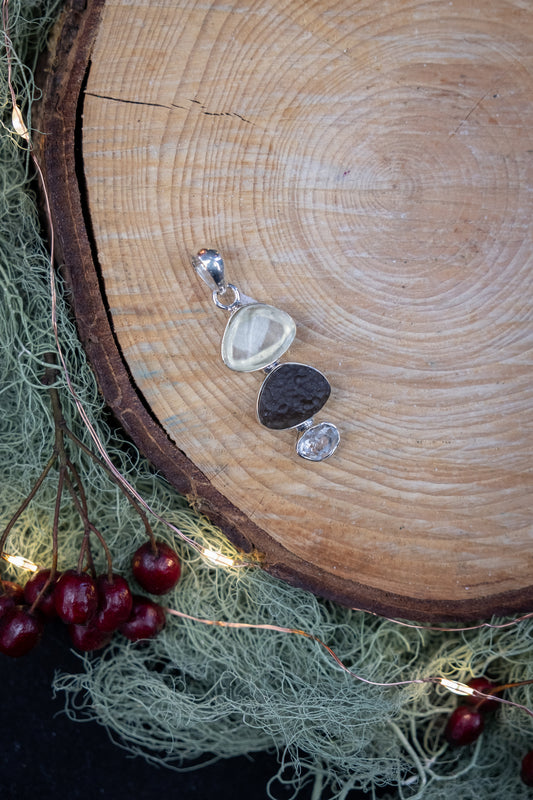 Libyan Desert Glass, Agni Mani and Herkimer Pendant, High Vibration Tektite Gemstone Sterling Silver Pendant for Transformation and Clarity