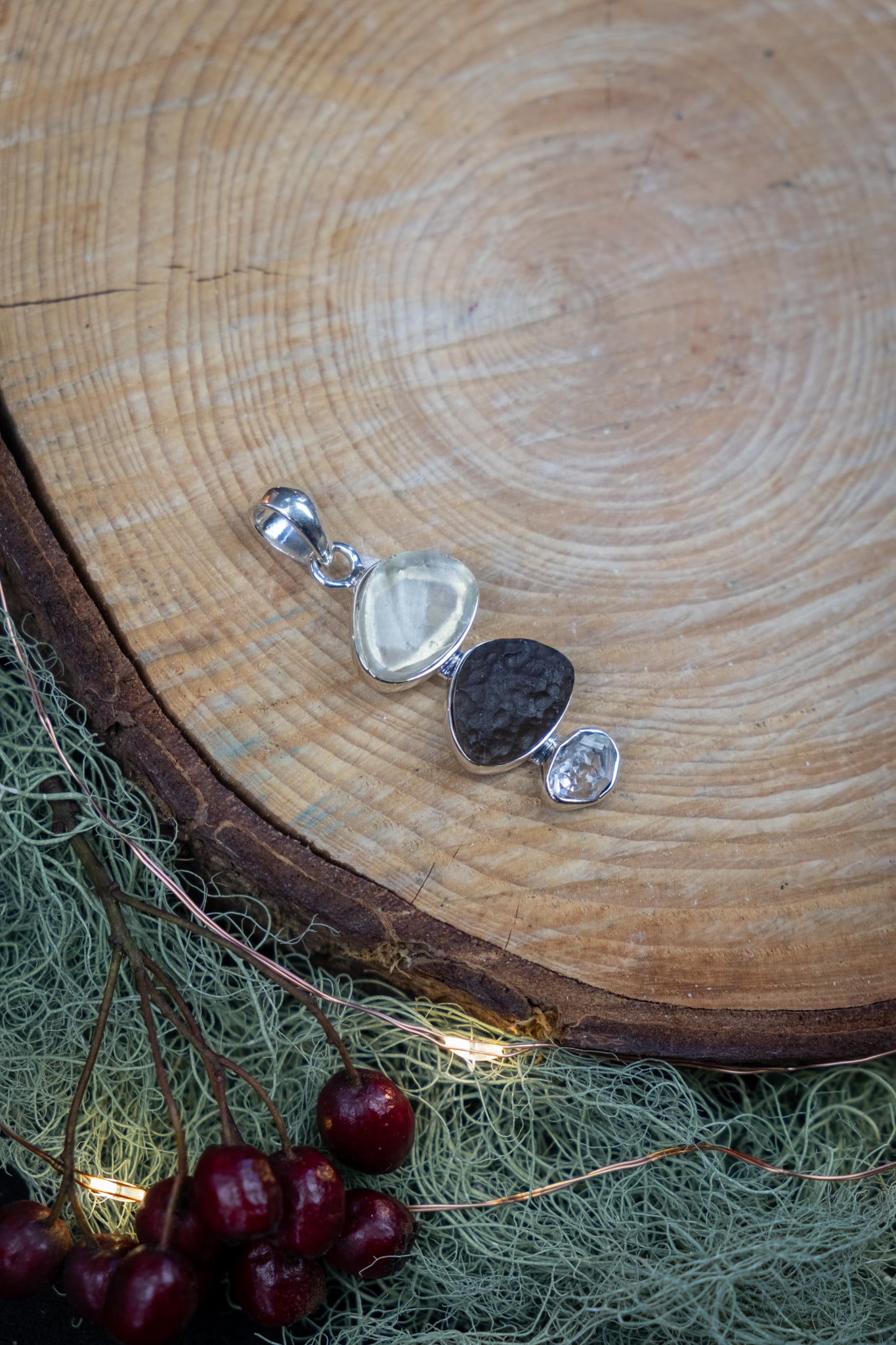 Libyan Desert Glass, Agni Mani and Herkimer Pendant, High Vibration Tektite Gemstone Sterling Silver Pendant for Transformation and Clarity