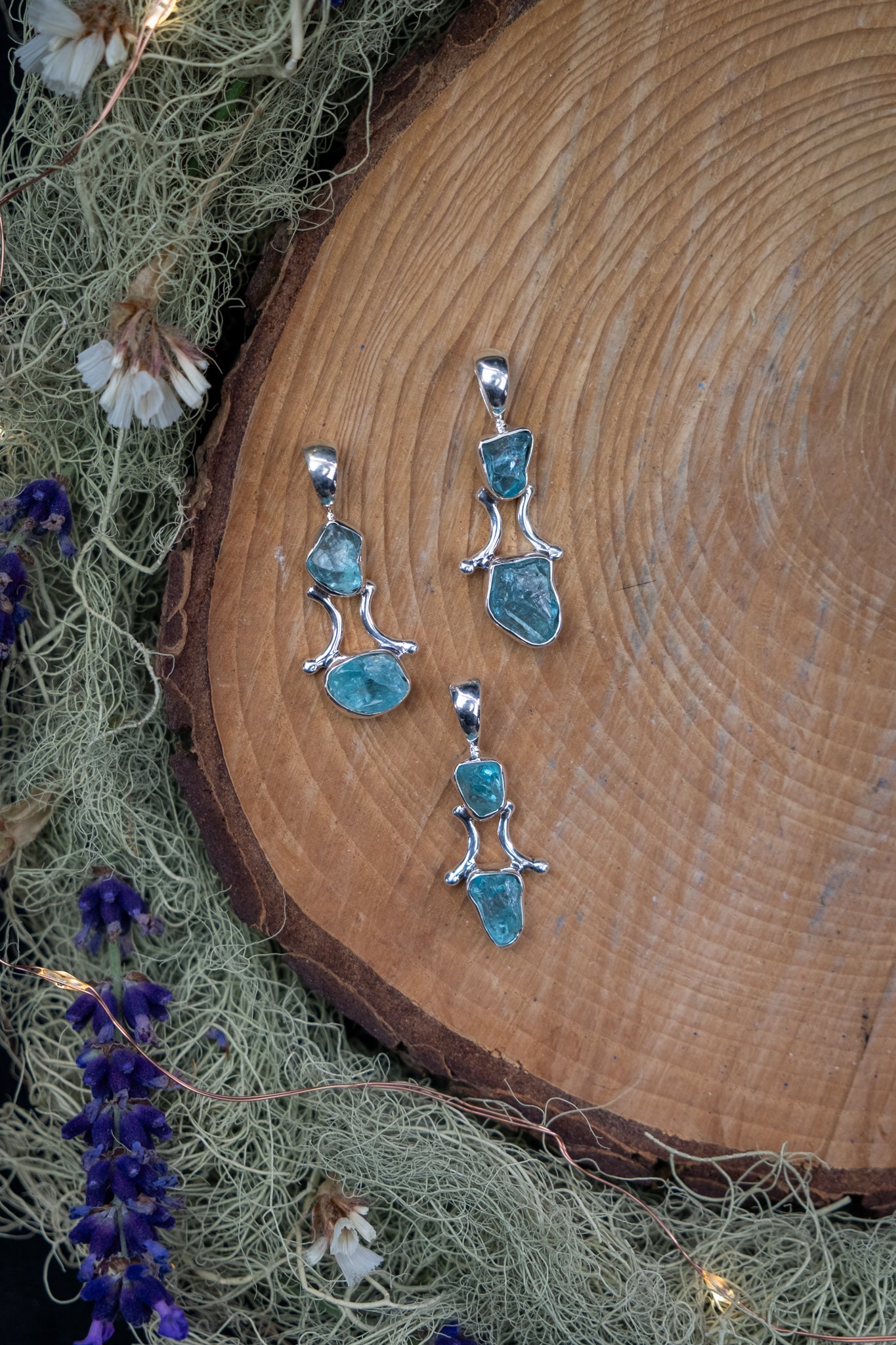 Raw Blue Apatite Pendant in Sterling Silver