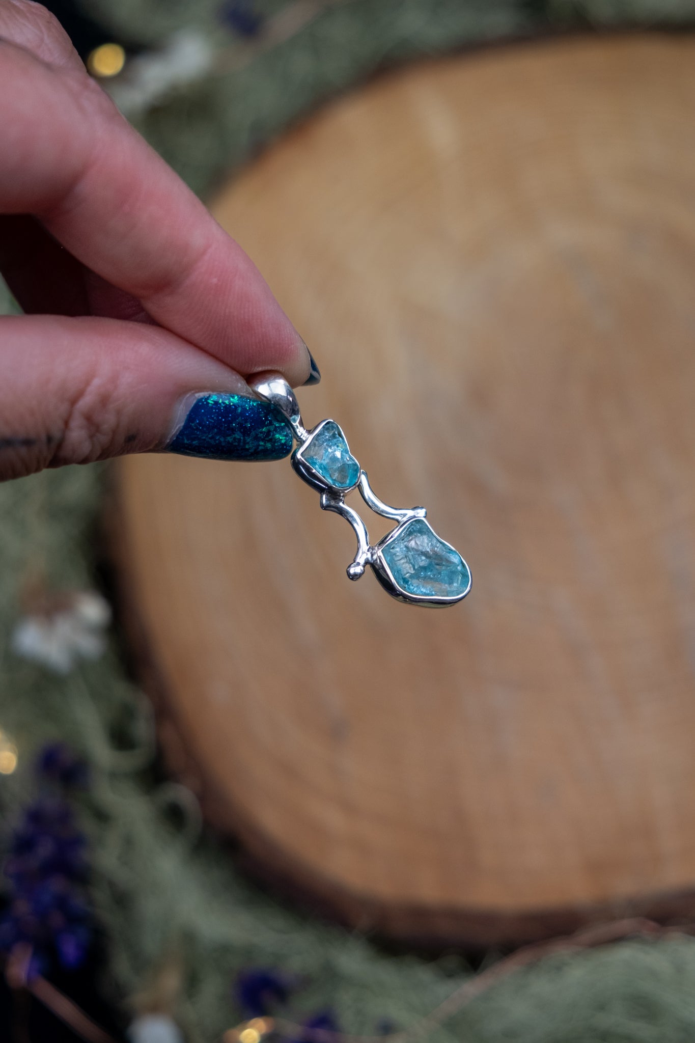 Raw Blue Apatite Pendant in Sterling Silver