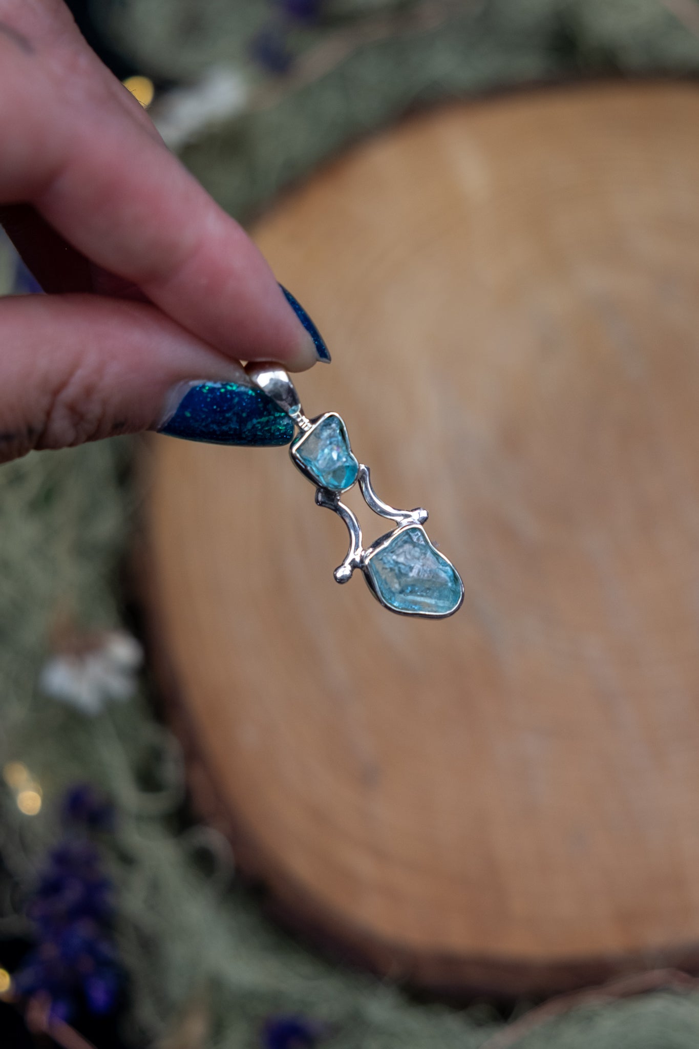 Raw Blue Apatite Pendant in Sterling Silver