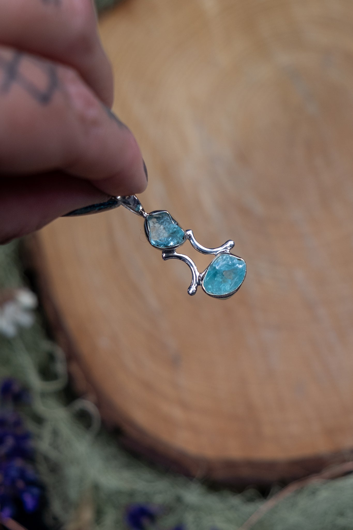 Raw Blue Apatite Pendant in Sterling Silver