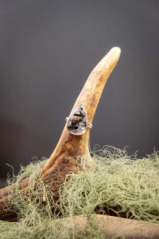 Black Tourmaline in Quartz Ring, Sterling Silver Crystal Ring, High Grade Tourmalinated Quartz Gemstone Jewellery, Unique Stone Ring