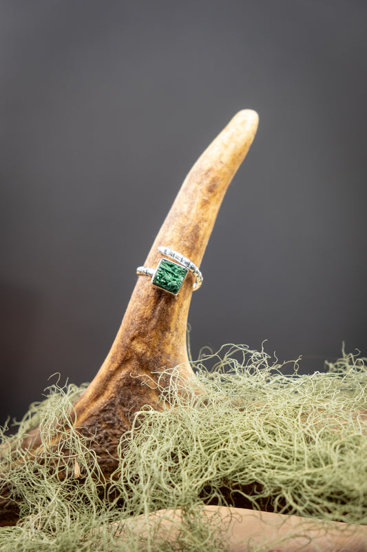 Malachite Raw Gemstone Ring Sterling Silver Adjustable Ring, Natural Green Stone with Unique Shimmer and Texture