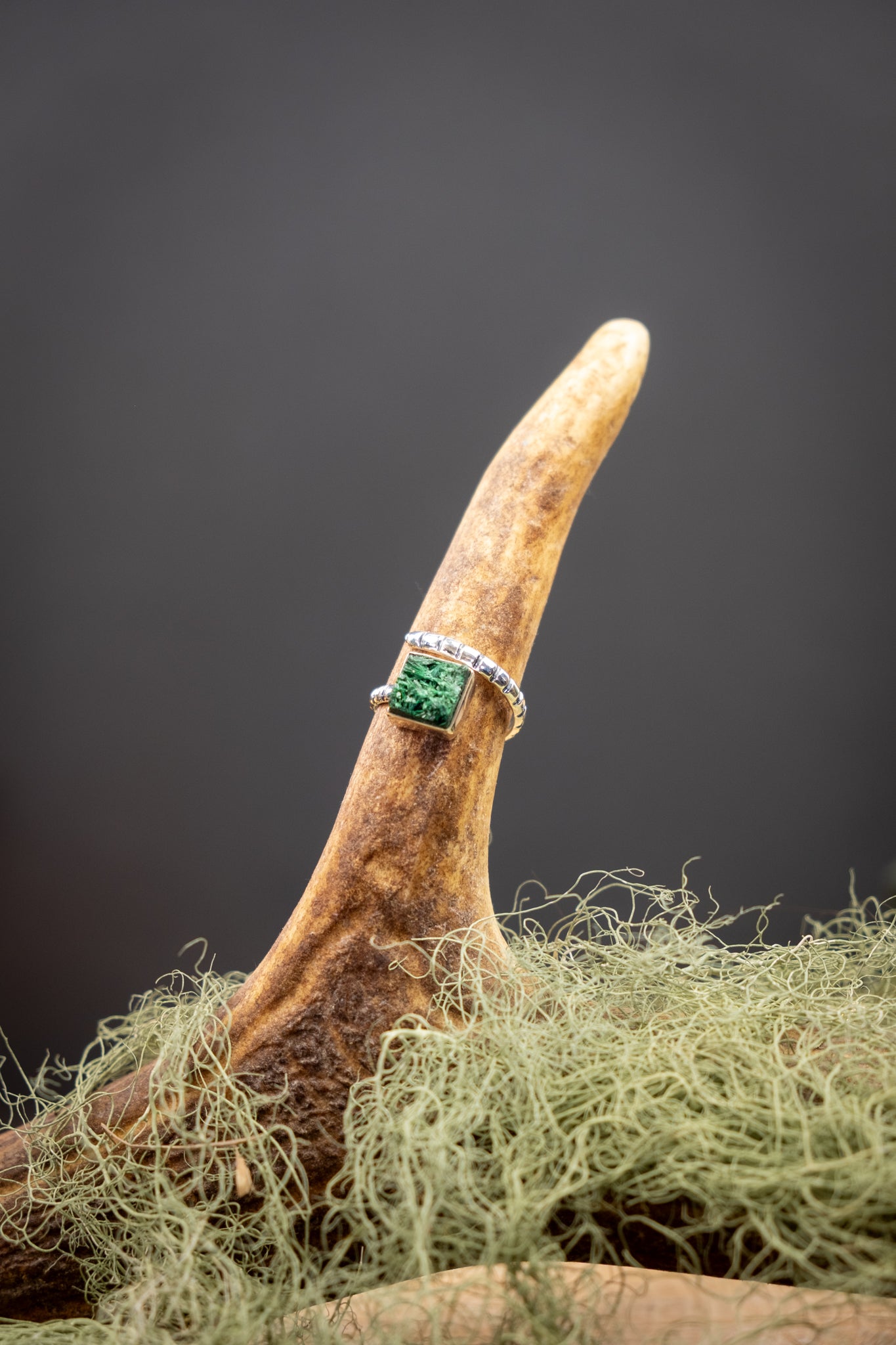 Malachite Raw Gemstone Ring Sterling Silver Adjustable Ring, Natural Green Stone with Unique Shimmer and Texture