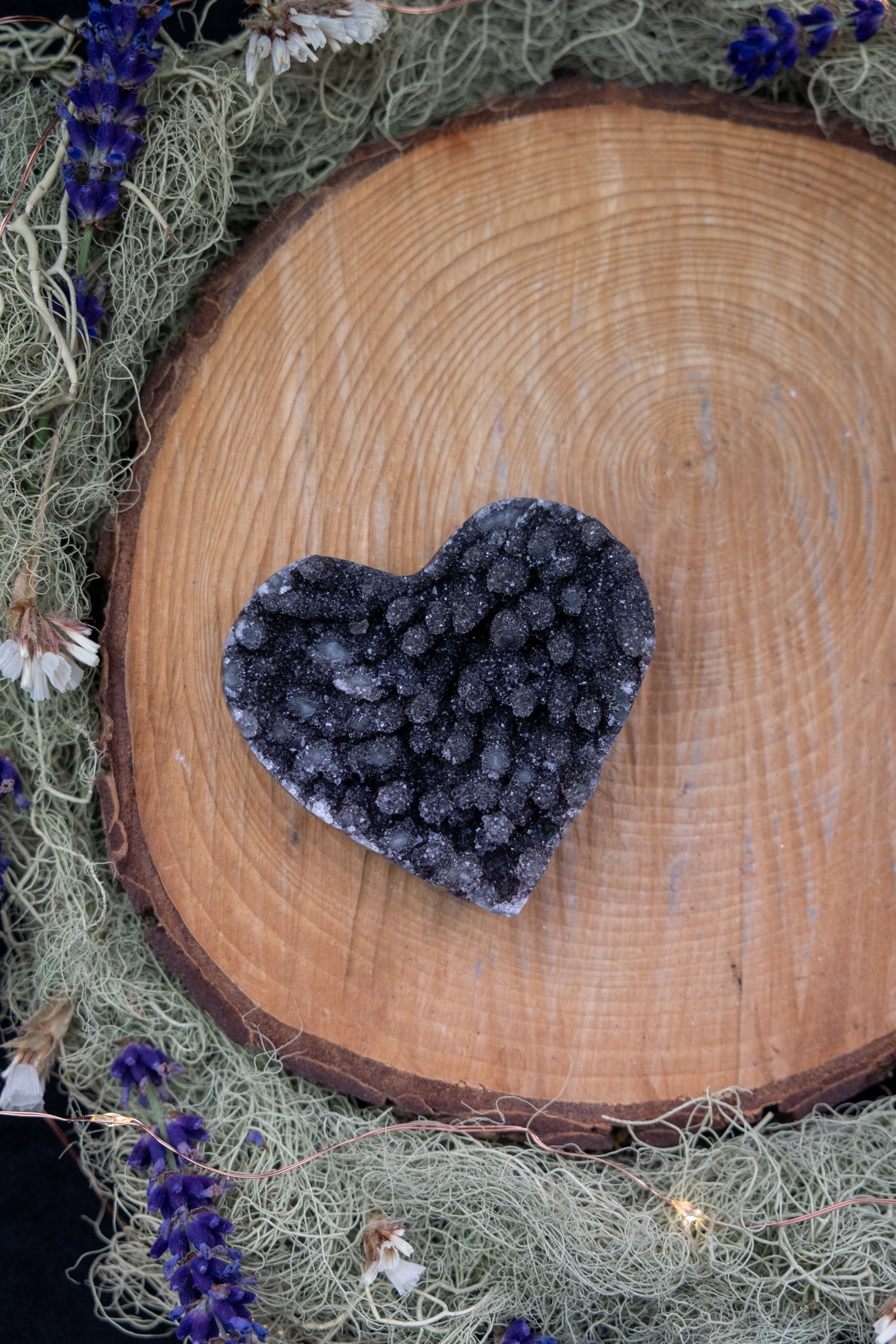 Black Drusy Amethyst Heart on Stand