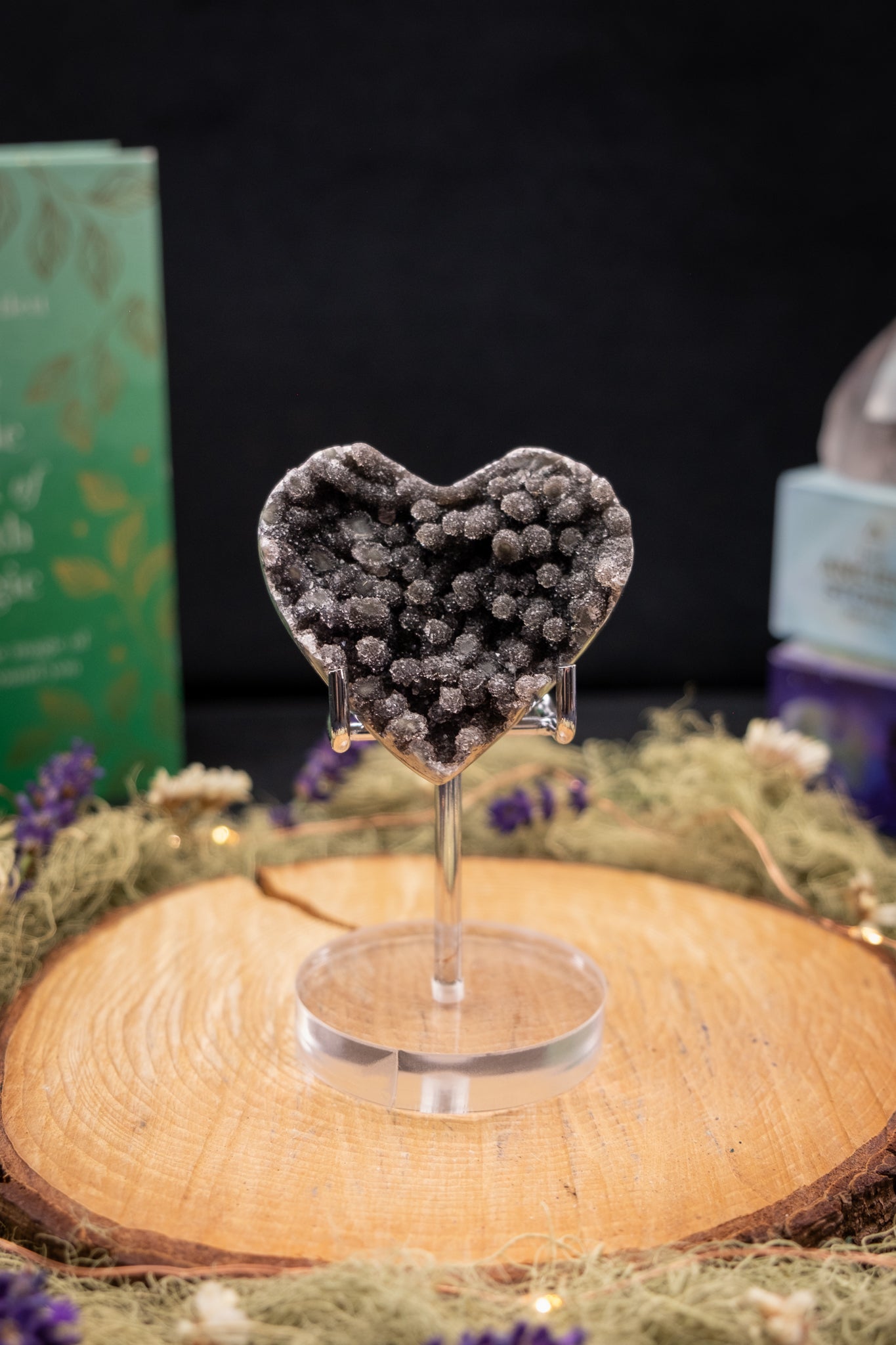 Black Drusy Amethyst Heart on Stand