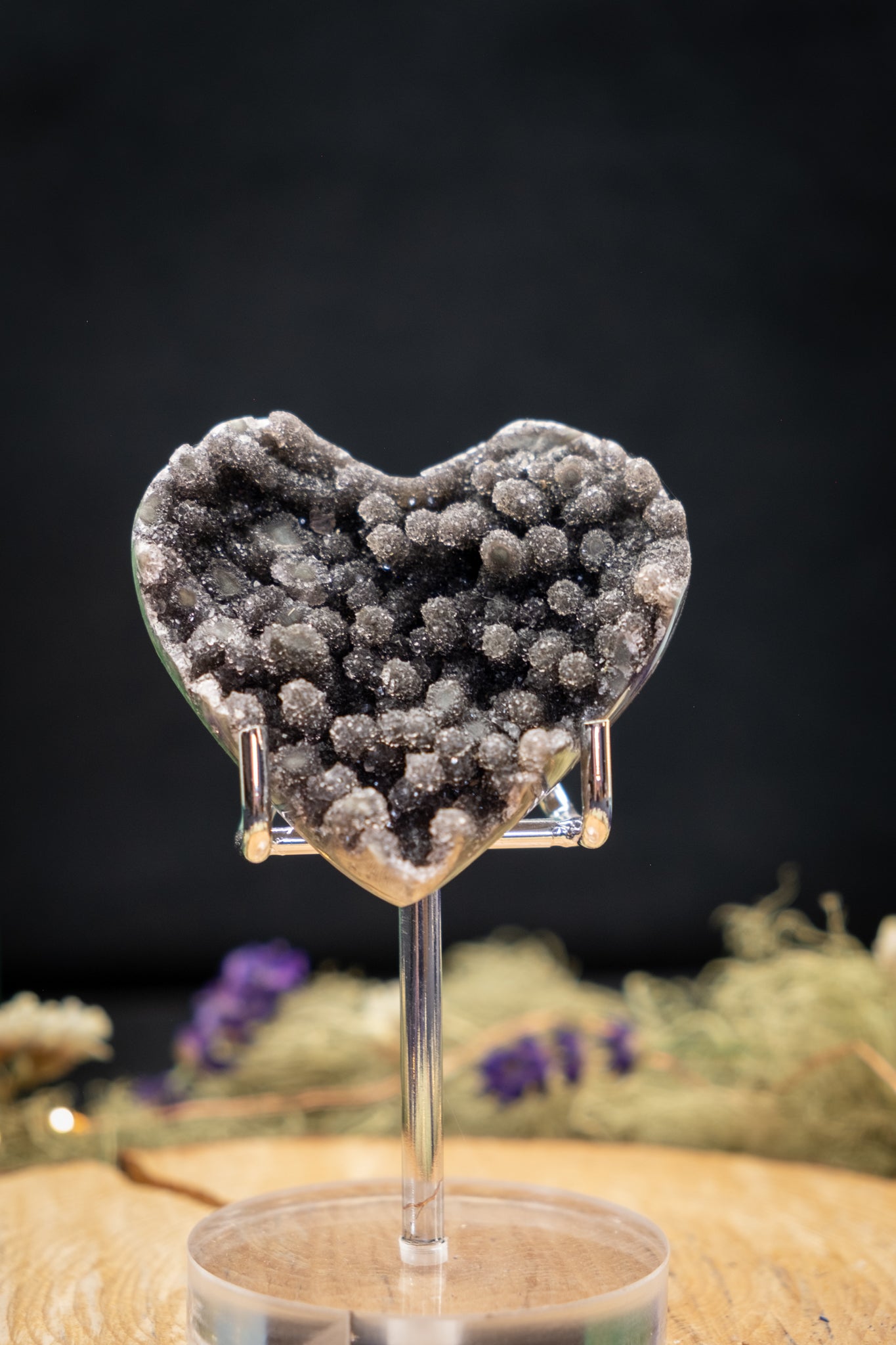 Black Drusy Amethyst Heart on Stand