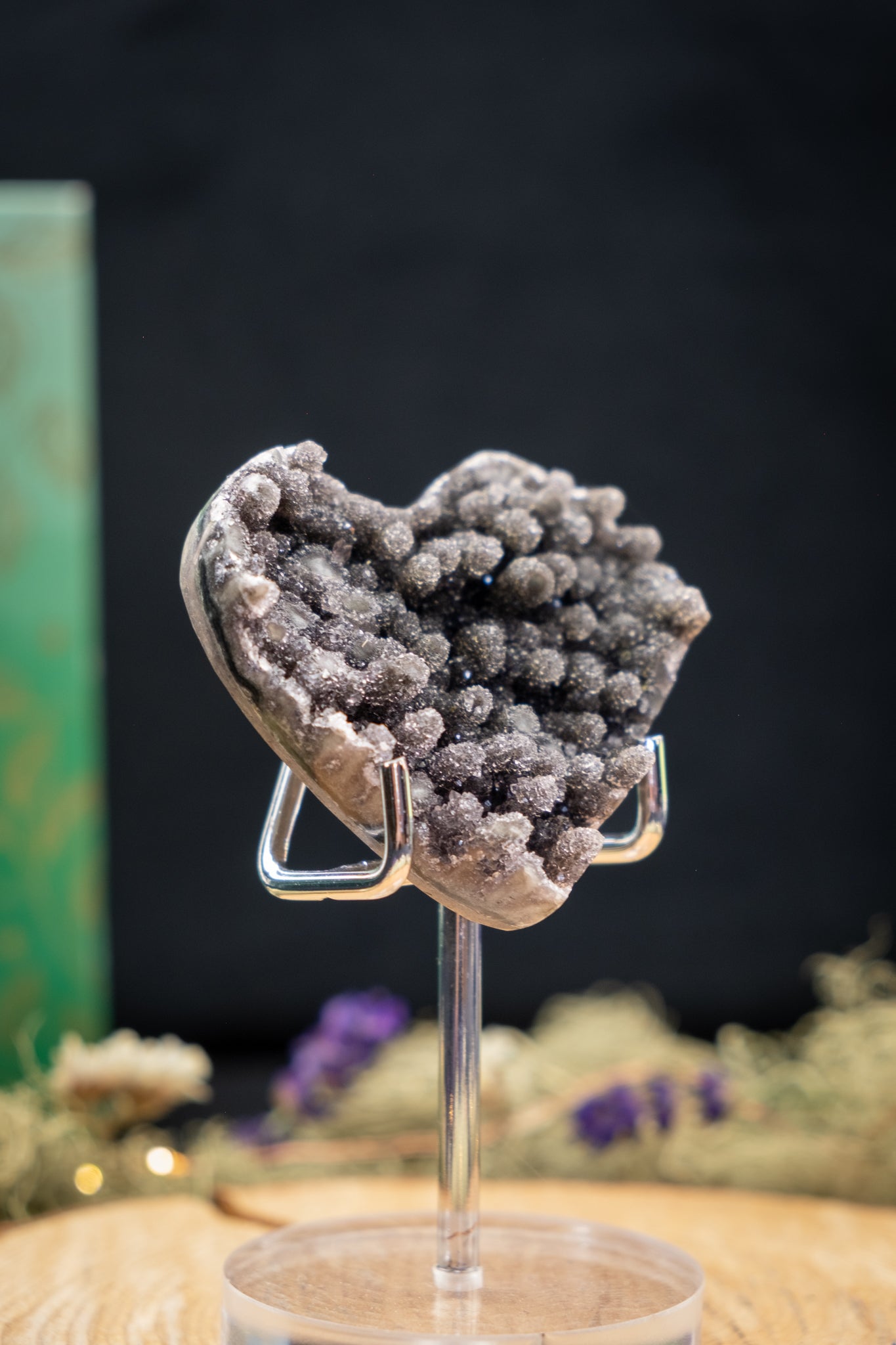 Black Drusy Amethyst Heart on Stand