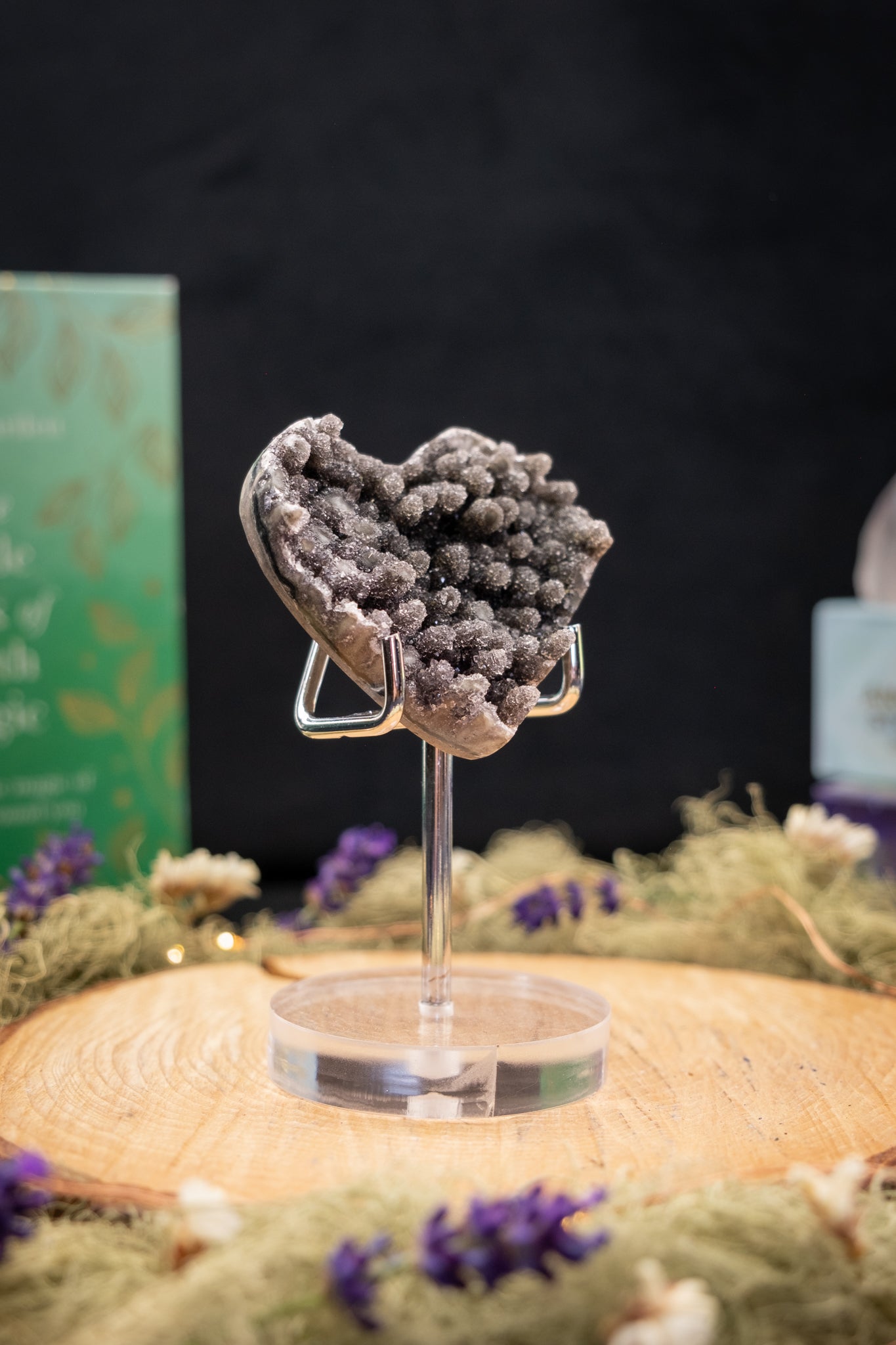 Black Drusy Amethyst Heart on Stand