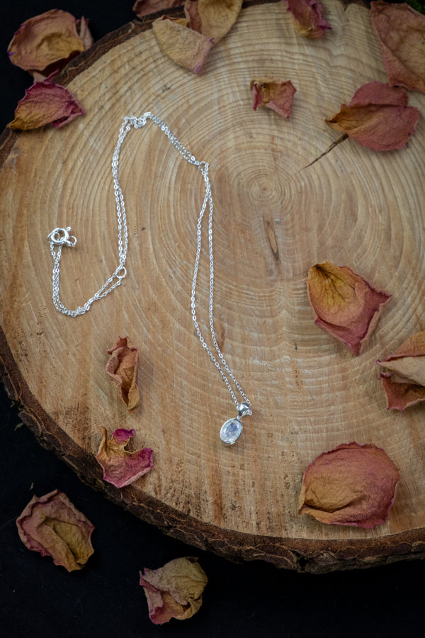 Moonstone Oval, Petite Necklace,Pendant and Chain 925 Stirling Silver.