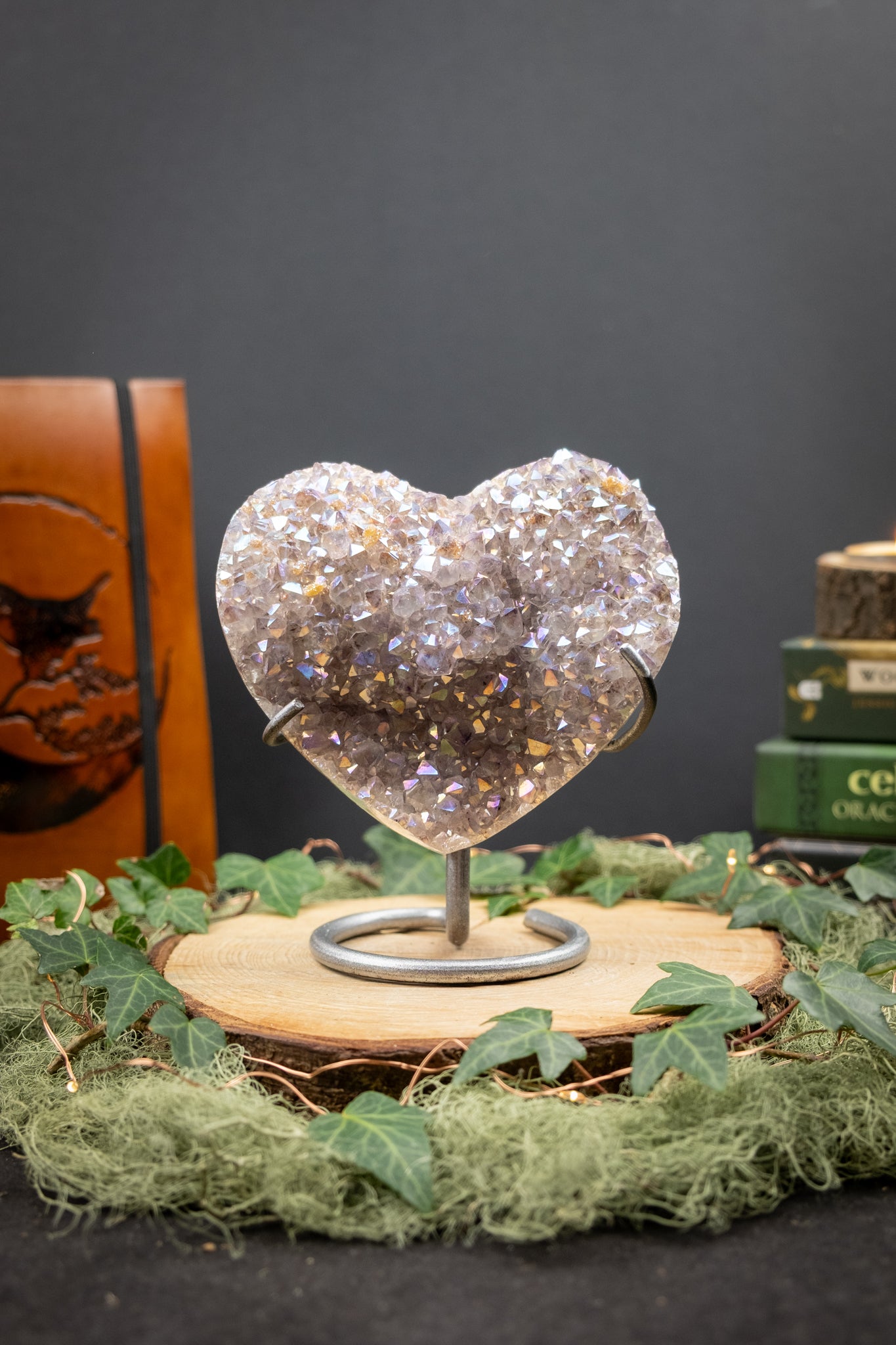 Pale Lilac Drusy Aura Amethyst Heart on Custom Made Stand, Crystal Heart for Calm Energy, Spiritual Connection and Gentle Healing