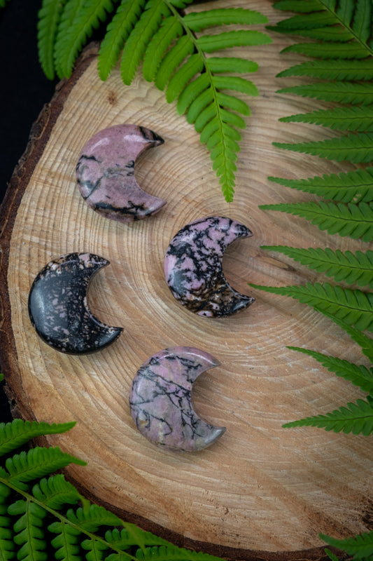 Rhodonite Crystal Moons, Crystal for healing, stress, emotional healing. Heart chakra crystal.