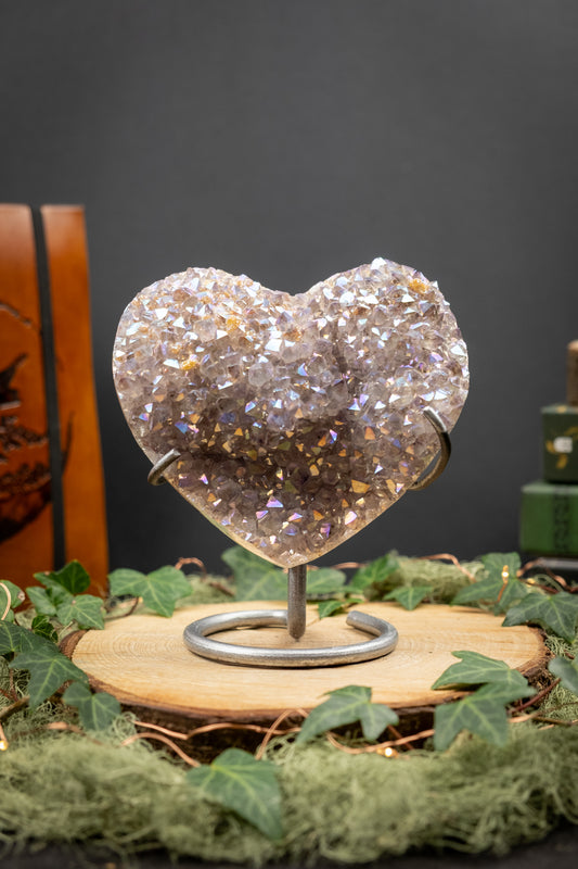 Pale Lilac Drusy Aura Amethyst Heart on Custom Made Stand, Crystal Heart for Calm Energy, Spiritual Connection and Gentle Healing