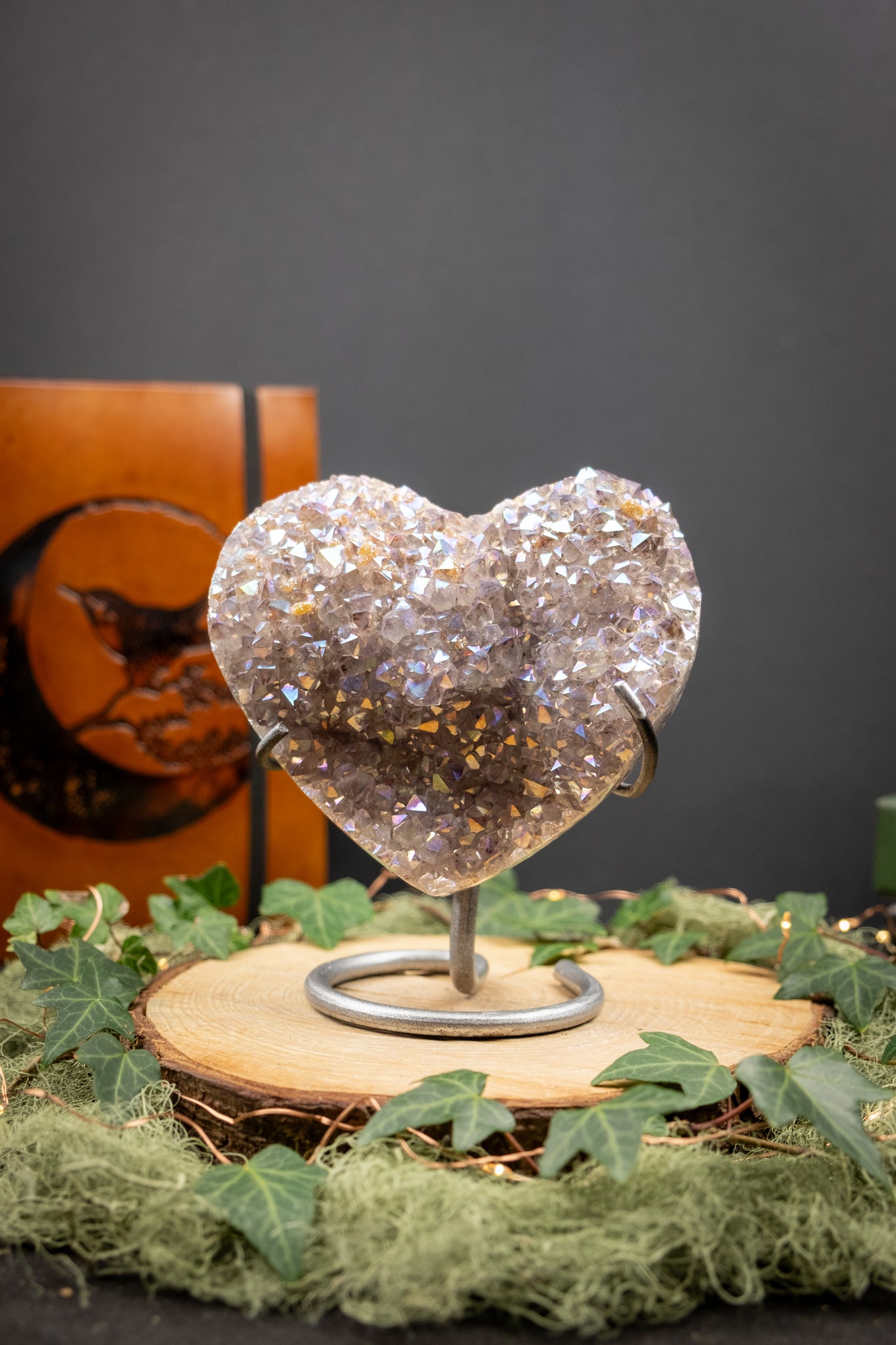 Pale Lilac Drusy Aura Amethyst Heart on Custom Made Stand, Crystal Heart for Calm Energy, Spiritual Connection and Gentle Healing