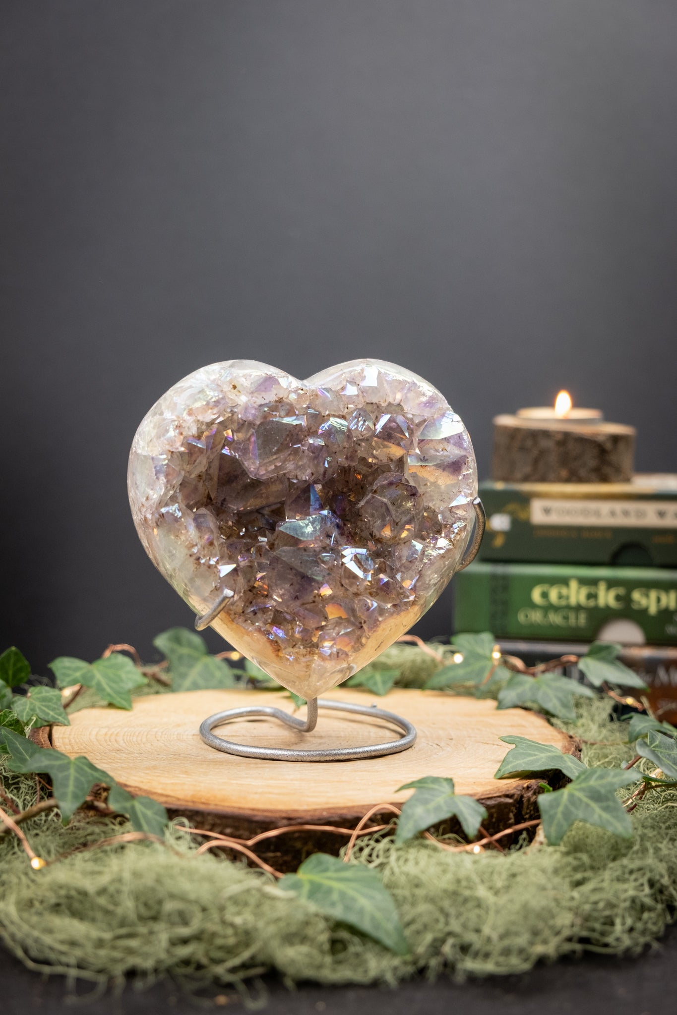 Pale Lilac Drusy Aura Amethyst Heart on Custom Made Stand, Crystal Heart for Calm Energy, Spiritual Connection and Gentle Healing