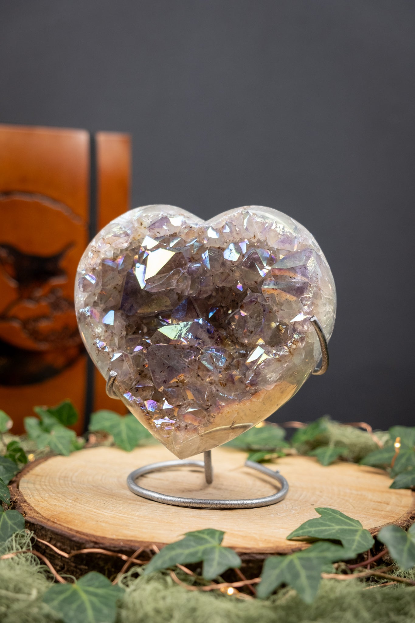 Pale Lilac Drusy Aura Amethyst Heart on Custom Made Stand, Crystal Heart for Calm Energy, Spiritual Connection and Gentle Healing