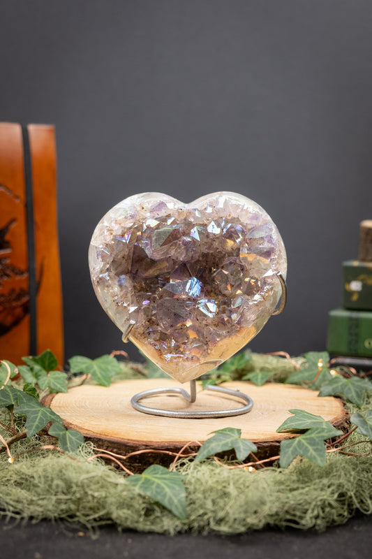 Pale Lilac Drusy Aura Amethyst Heart on Custom Made Stand, Crystal Heart for Calm Energy, Spiritual Connection and Gentle Healing