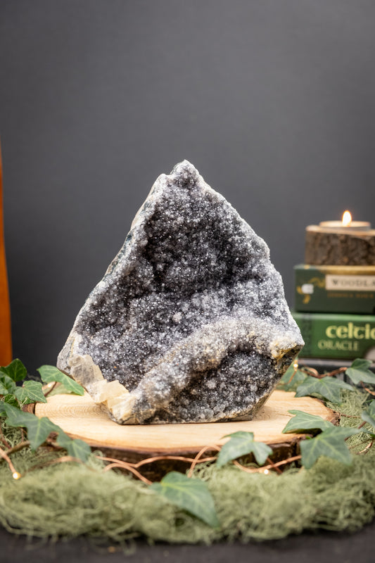 Black and Silver Drusy Amethyst from Uruguay, Natural Crystal Cluster with Cut Base for Protection Calm and Deep Healing