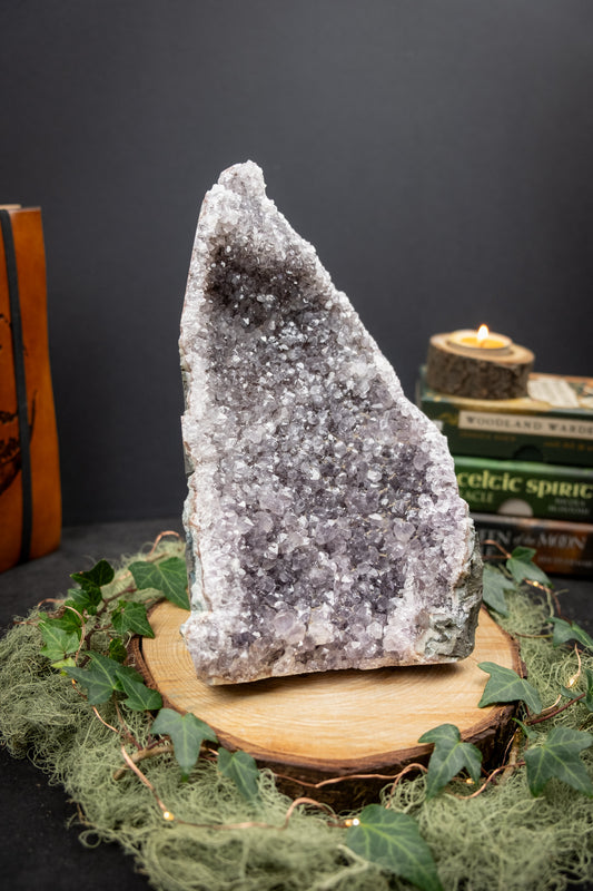 High Grade Silver Drusy Amethyst Cut Base, Uruguayan Amethyst Crystal Cluster, Lavender Grey Amethyst Stone for Calm Clarity and Protection