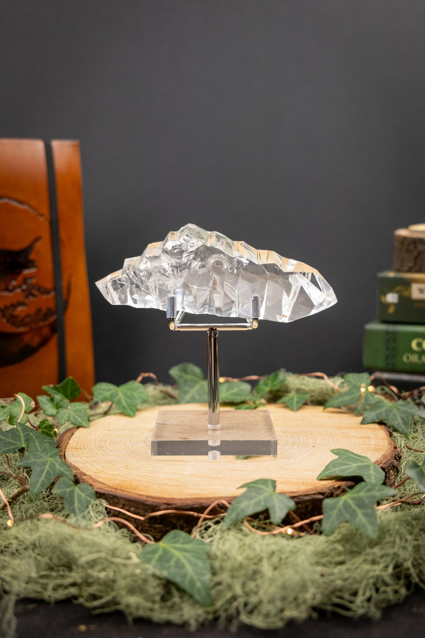 Hand Carved Lemurian Quartz Freeform on Stand, Tactile Meditation Crystal, Ancient Wisdom Stone for Calm Presence and Inner Clarity