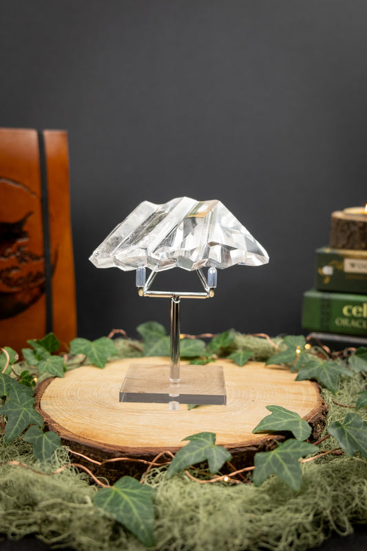 Hand Carved Lemurian Quartz Freeform on Stand, Tactile Meditation Crystal, Ancient Wisdom Stone for Calm Presence and Inner Clarity