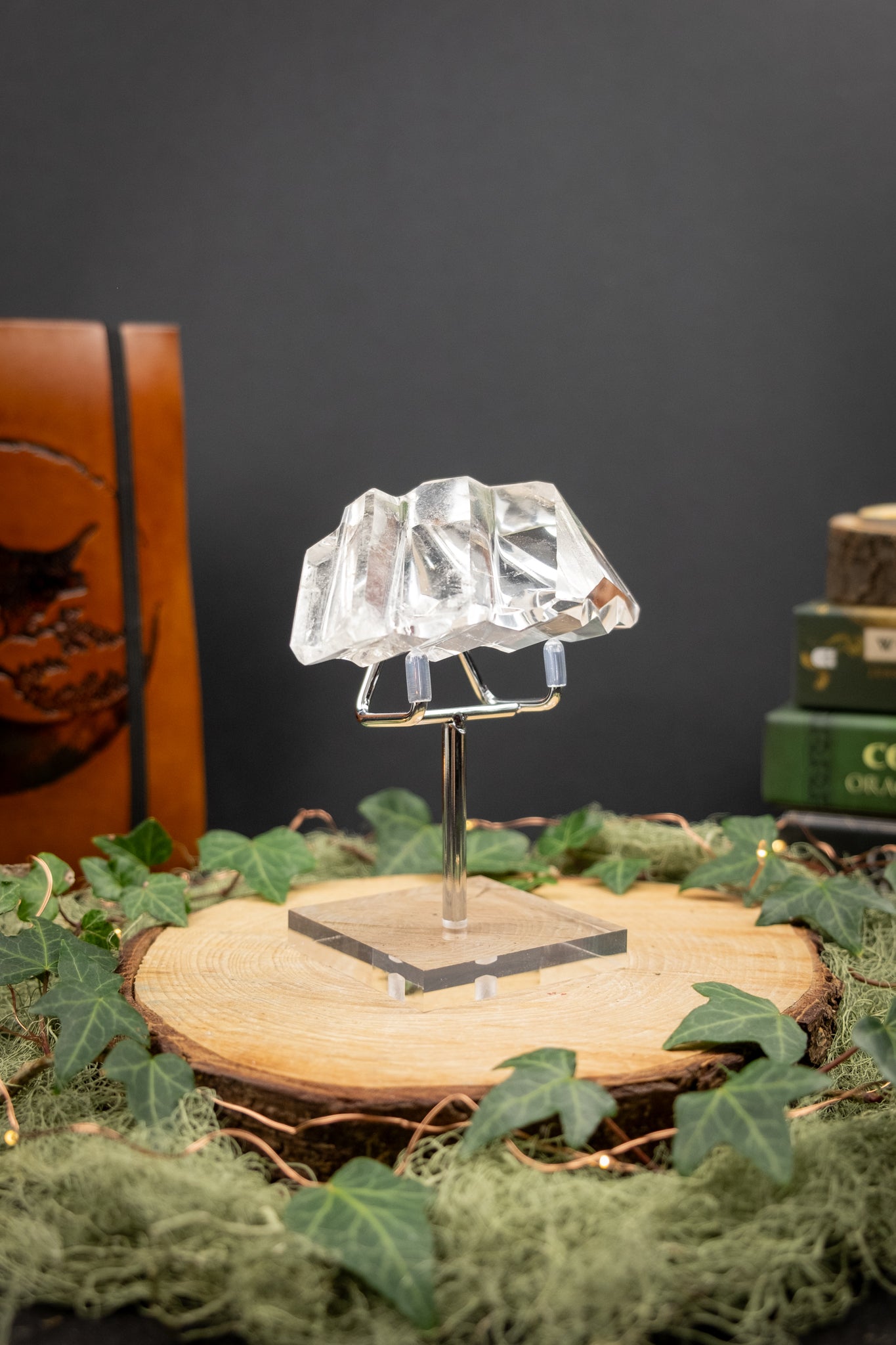 Hand Carved Lemurian Quartz Freeform on Stand, Tactile Meditation Crystal, Ancient Wisdom Stone for Calm Presence and Inner Clarity