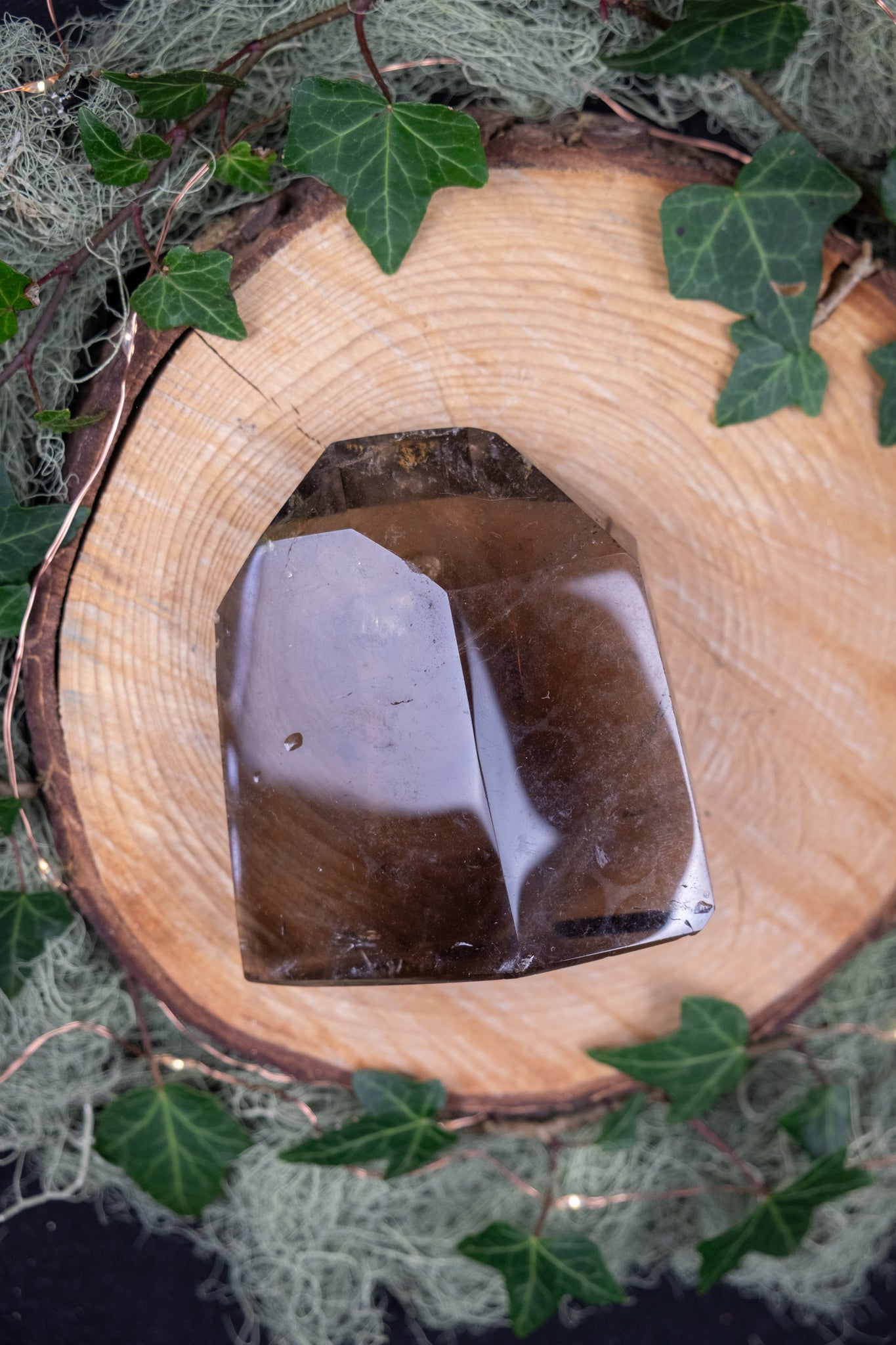 Polished Smoky Quartz Crystal with Golden Healer Inclusions, Rainbows and Veils, Grounding Light Activation Stone