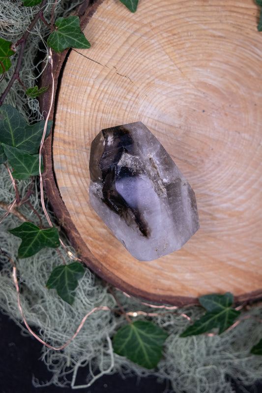 Smokey Elestial Quartz Freeform, Polished Phantom Crystal Stone for Grounding and Protection, Ethically Sourced from Brazil
