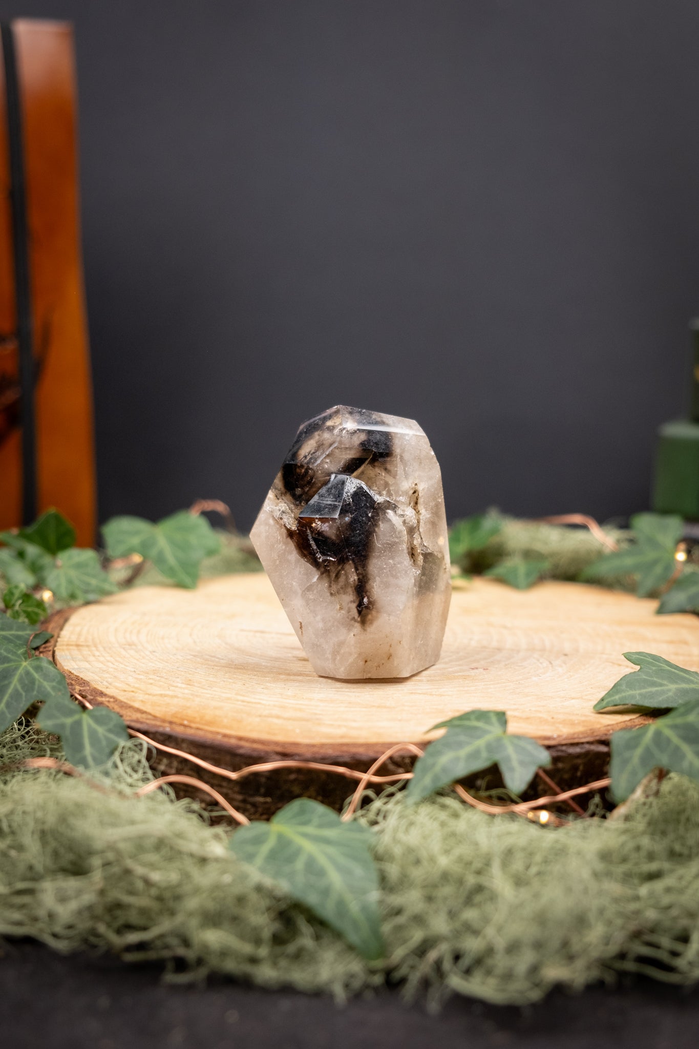 Smokey Elestial Quartz Freeform, Polished Phantom Crystal Stone for Grounding and Protection, Ethically Sourced from Brazil