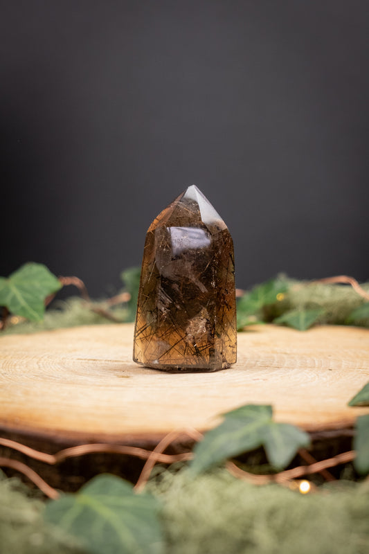 Smokey Quartz with Rutile Freeform, Polished Crystal Stone for Grounding and Manifestation, Ethically Sourced from Brazil