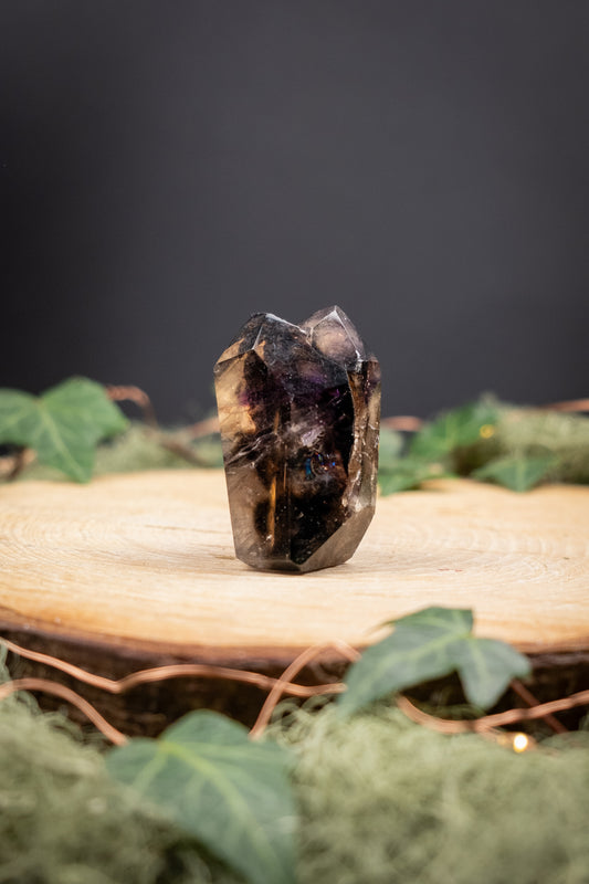 Smokey Quartz and Amethyst Elestial Point, Polished Crystal Stone for Grounding and Spiritual Protection, Ethically Sourced