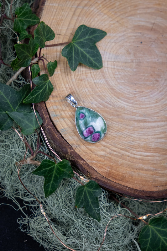 Ruby Fuchsite Pendant, Natural Healing Crystal Gemstone, Heart Chakra Stone, Sterling Silver Pendant for Emotional Healing