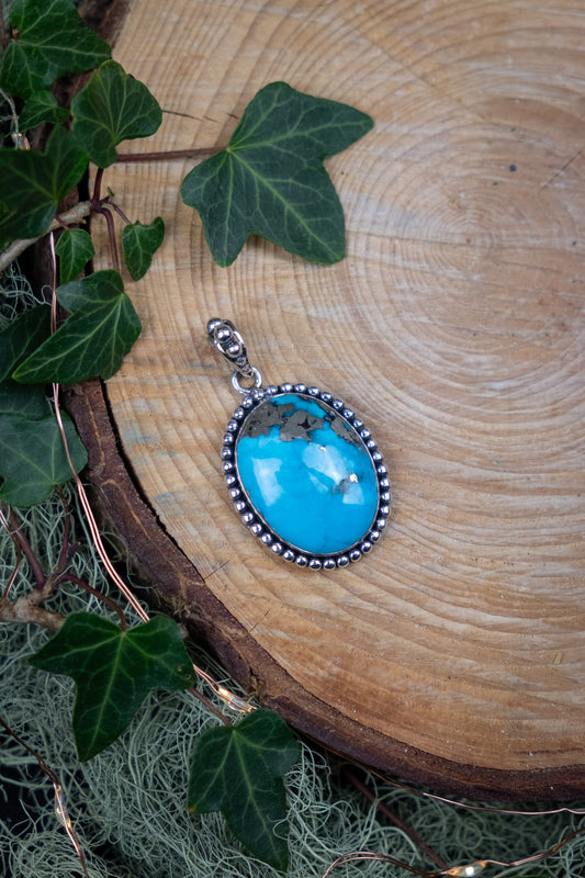Persian Turquoise Pendant, Natural Turquoise Gemstone, Sterling Silver Crystal Jewellery, Heart and Throat Chakra Stone