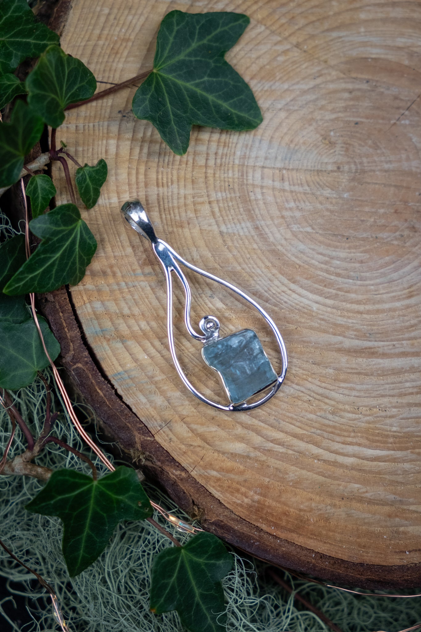 Raw Aquamarine Pendant in Sterling Silver, Natural Blue Beryl Gemstone, High Grade Brazilian Aquamarine Jewellery for Calm and Clarity