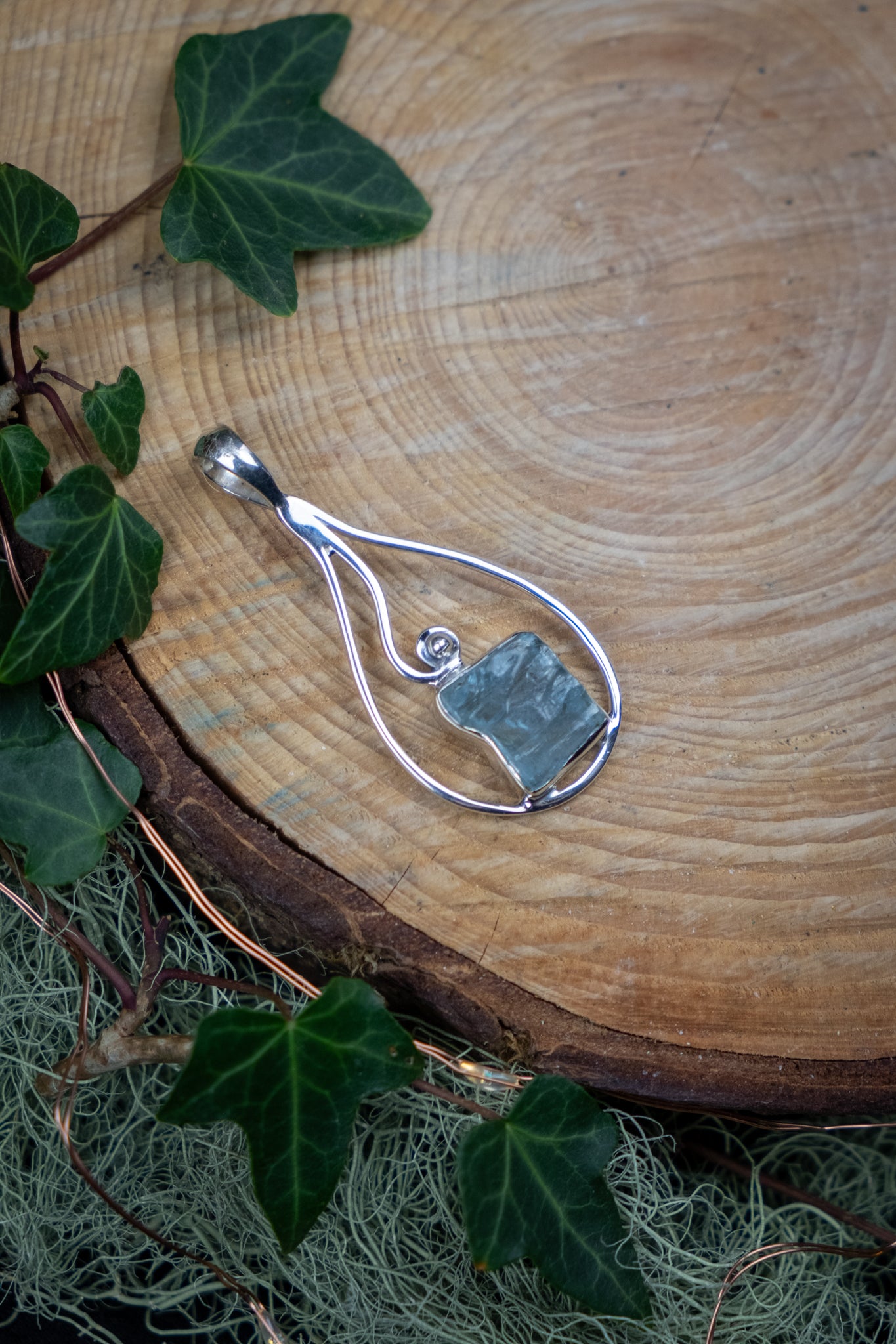 Raw Aquamarine Pendant in Sterling Silver, Natural Blue Beryl Gemstone, High Grade Brazilian Aquamarine Jewellery for Calm and Clarity