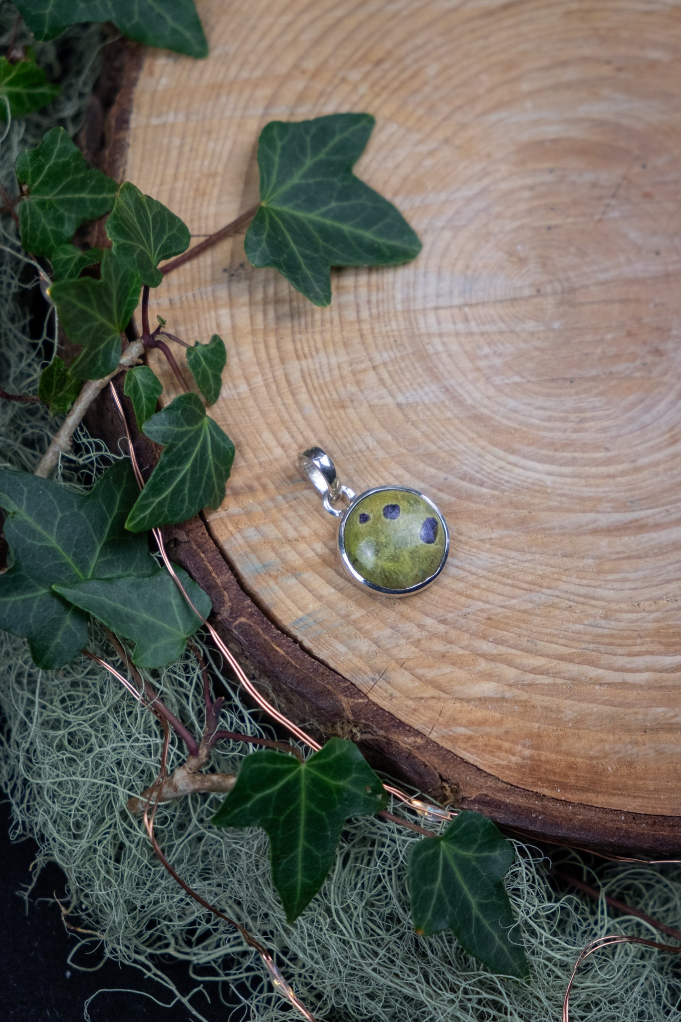 Atlantisite Pendant, Green Serpentine with Purple Stichtite Gem, Sterling Silver Setting, Heart Healing Stone from South Africa
