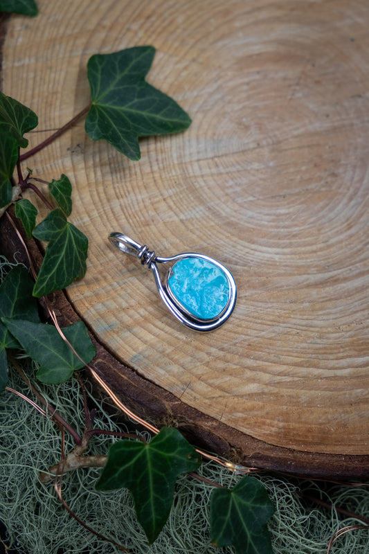 Raw Turquoise Sterling Silver Pendant, Natural Turquoise Crystal Gemstone from Mexico, Protective Throat Chakra Stone for Calm Truth and Balance