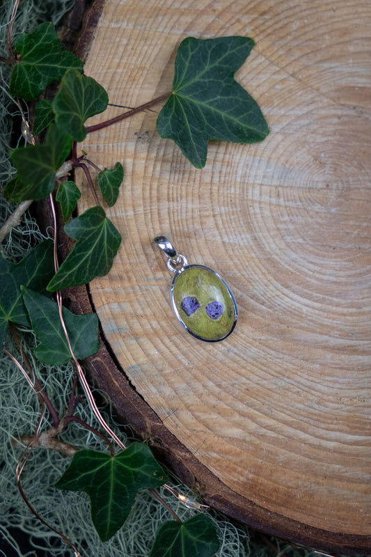Atlantisite Pendant, Green Serpentine with Purple Stichtite Gem, Sterling Silver Setting, Heart Healing Stone from South Africa
