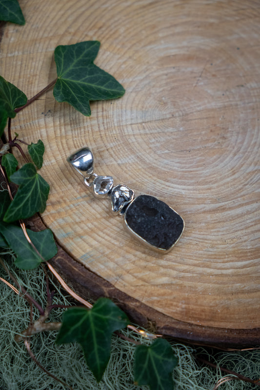 Agni Mani Stone Sterling Silver Pendant, Herkimer Diamond and Hematite Talisman for Grounded Manifestation and Clarity