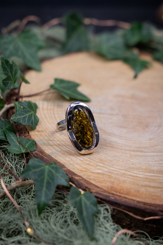 Baltic Amber Sterling Silver Adjustable Ring, Natural Amber Statement Ring for Grounding Energy and Vitality