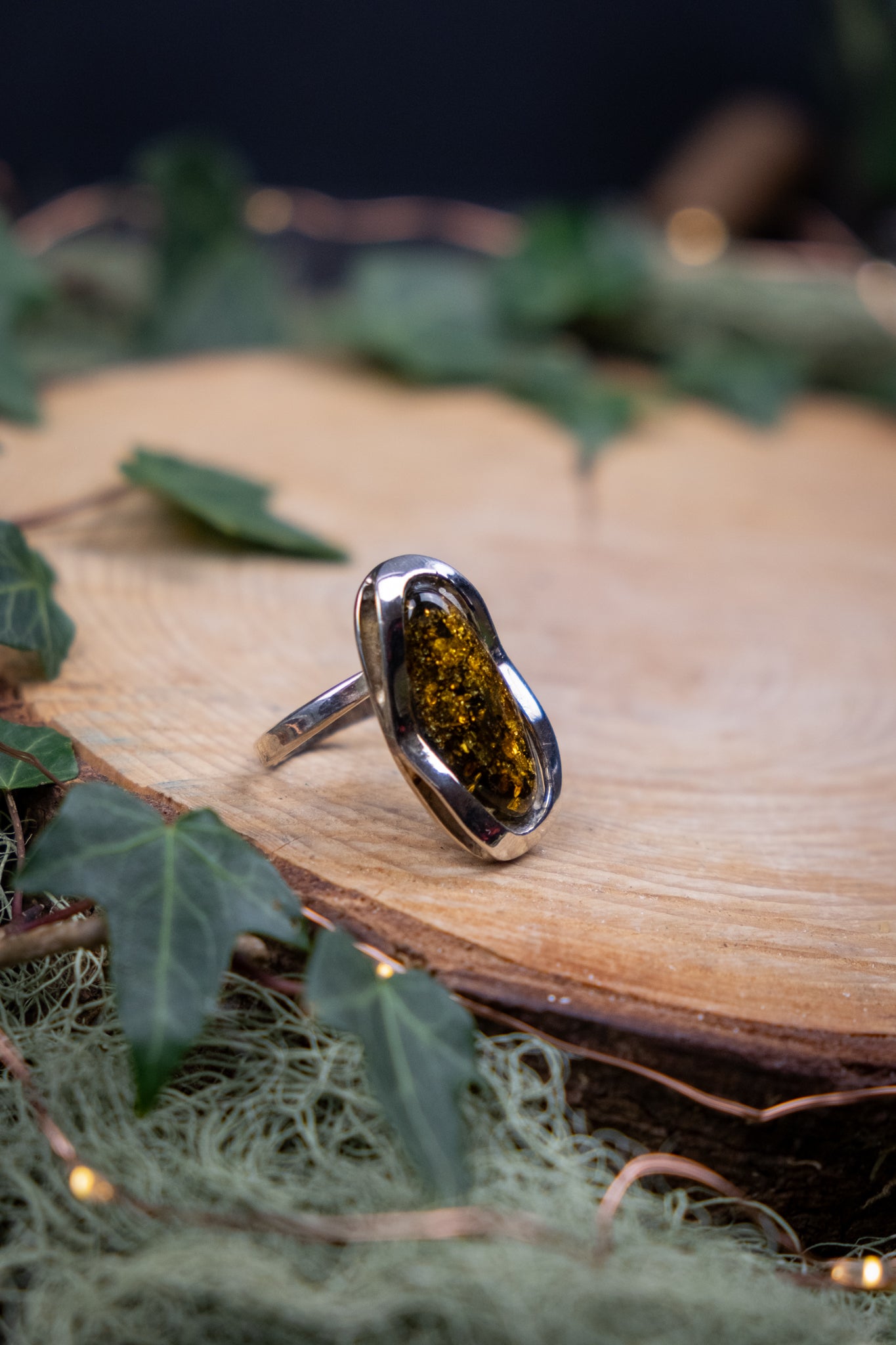Baltic Amber Sterling Silver Adjustable Ring, Natural Amber Statement Ring for Grounding Energy and Vitality