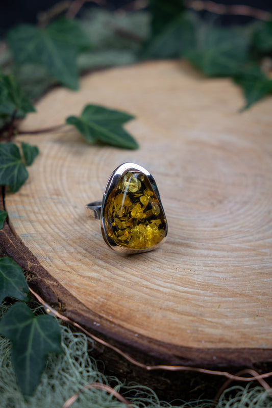 Baltic Amber Sterling Silver Adjustable Ring, Natural Amber Energy Ring for Grounding Warmth and Inner Strength