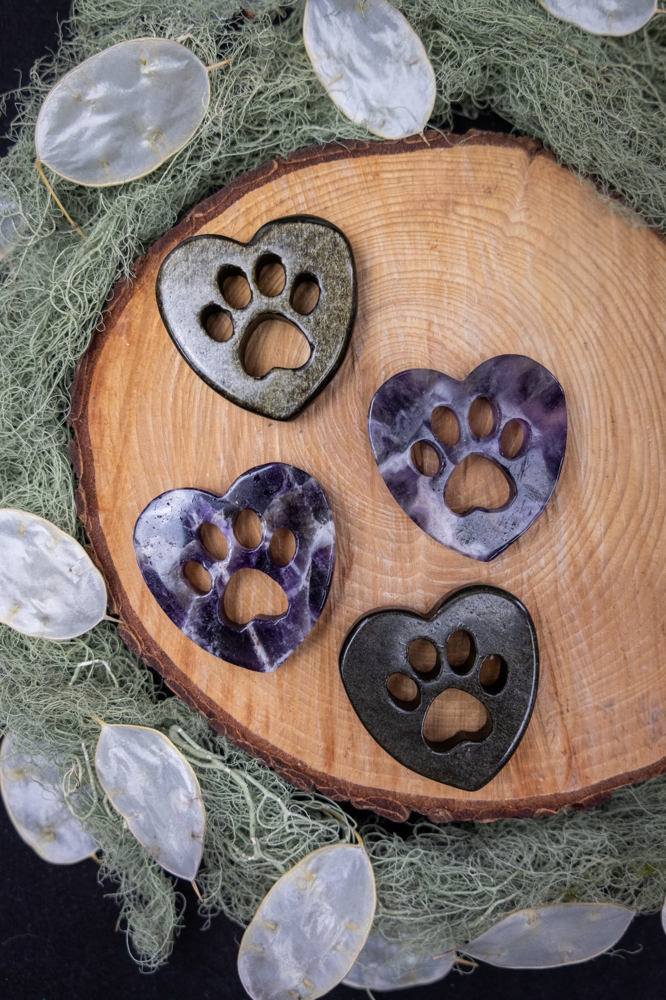 Amethyst and Gold Sheen Obsidian Paw Print Heart