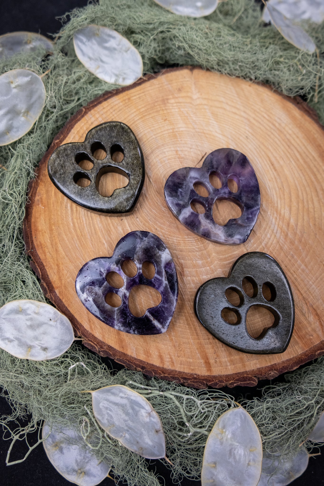 Amethyst and Gold Sheen Obsidian Paw Print Heart