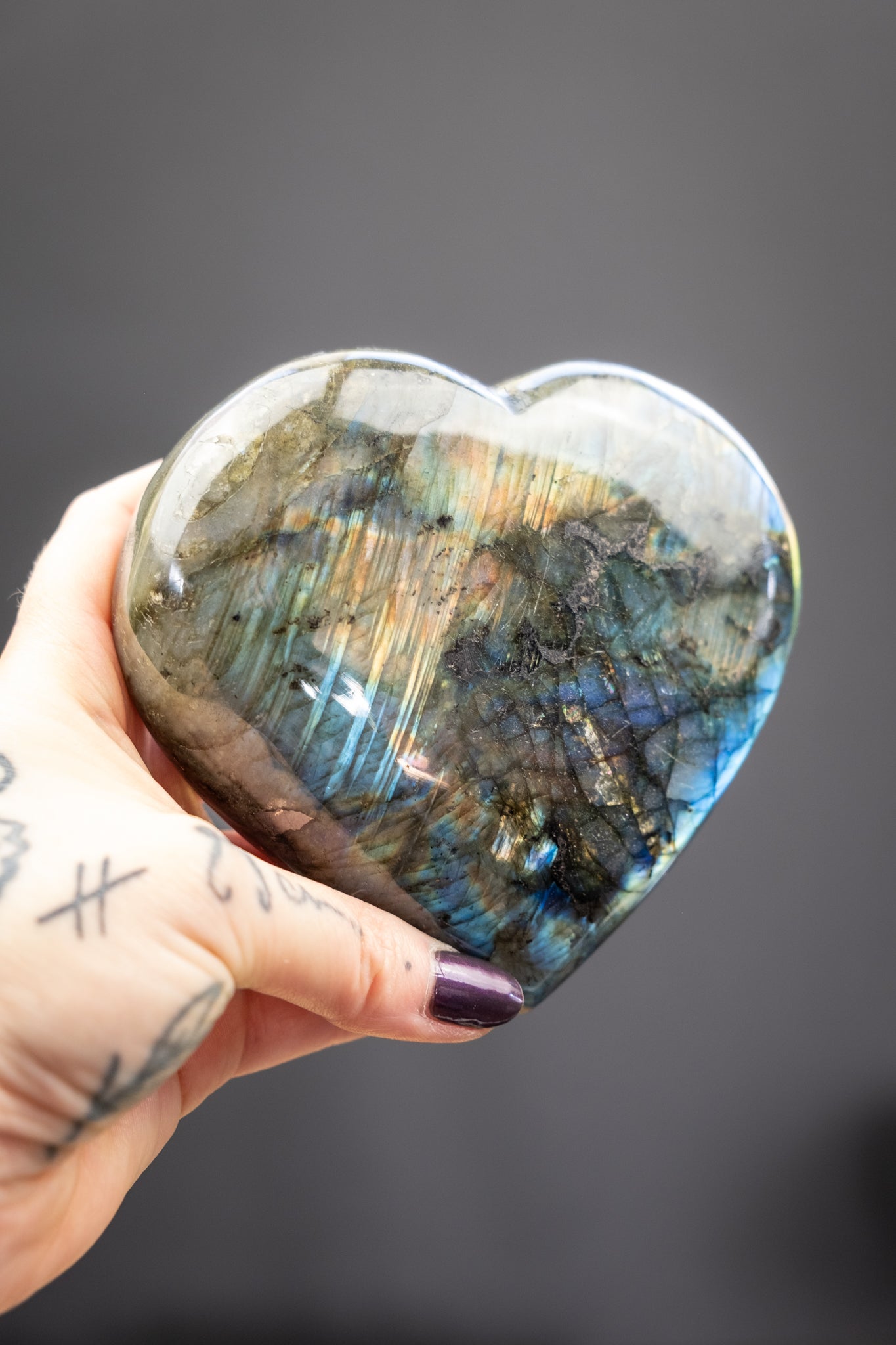 Labradorite Heart, Polished Labradorite Crystal with Stand, Protection Stone for Intuition and Energy Shielding, Madagascar