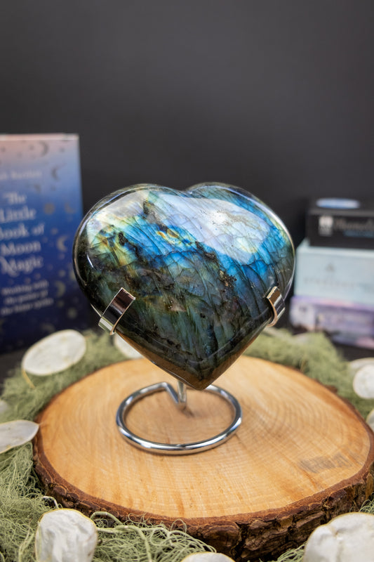 Labradorite Heart, Polished Labradorite Crystal with Stand, Protection Stone for Intuition and Energy Shielding, Madagascar